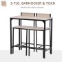Modernes 3-teiliges Bartisch-Set HOMCOM aus MDF und schwarzem Metall, mit zwei Barhockern in Naturholzoptik. Ideal für kleine Räume.