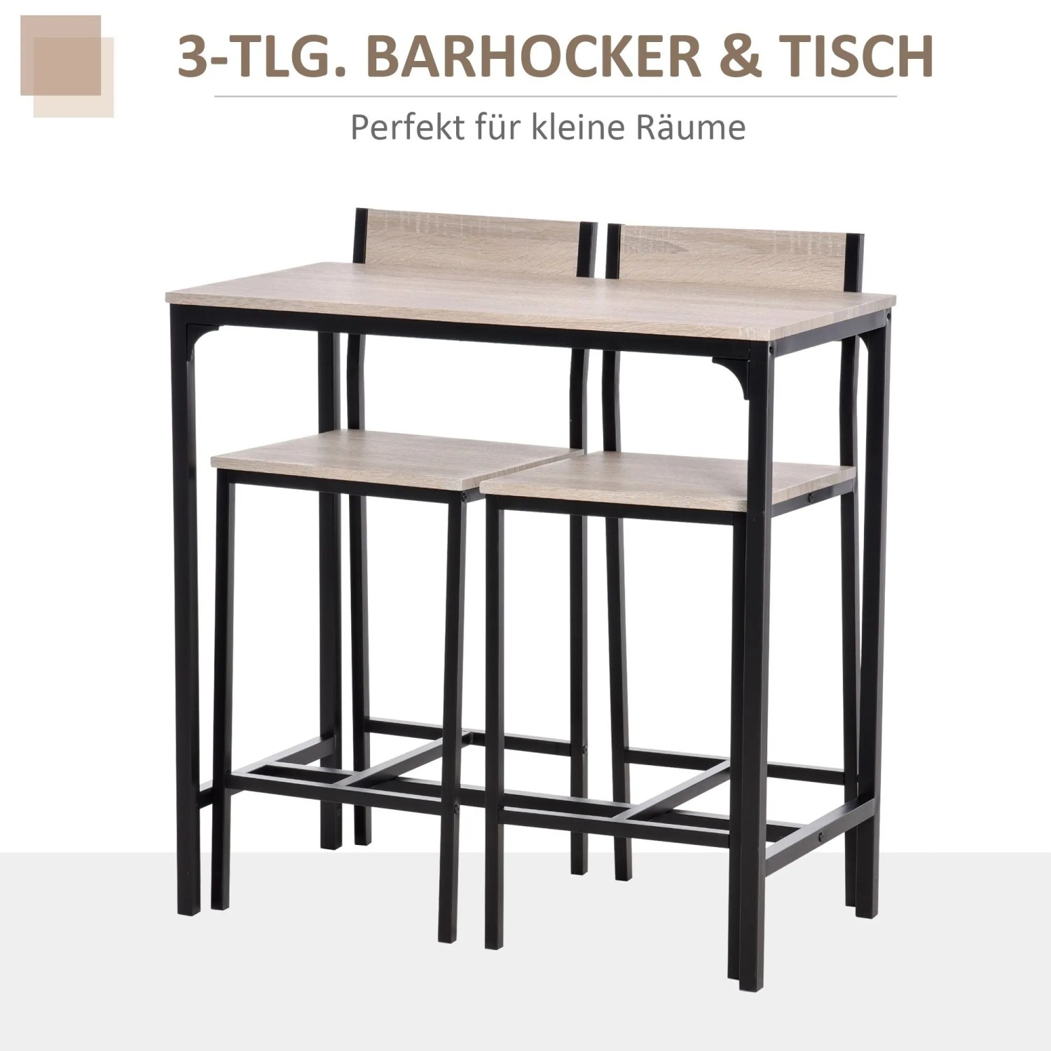 Modernes 3-teiliges Bartisch-Set HOMCOM aus MDF und schwarzem Metall, mit zwei Barhockern in Naturholzoptik. Ideal für kleine Räume.