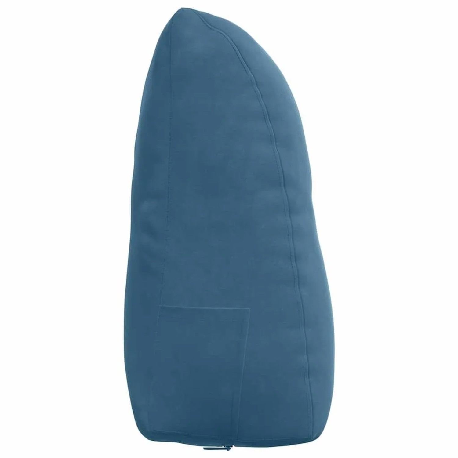 Blaues Samt-Rückenkissen mit ergonomischer Form, Seitentasche und Reißverschluss. Für bequemes Sitzen.