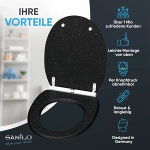 SANILO WC-Sitz Glitzer Schwarz mit Absenkautomatik und Top-Fix-Befestigung.