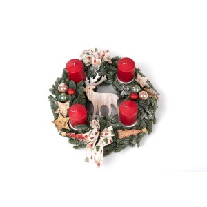 Garnierter Adventskranz (40 cm) mit roten Kerzen, Kugeln, Sternen und Holzrentier.