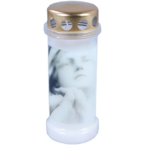 Weiße Grabkerze mit Betendes-Motiv und goldenem Deckel. Dauerbrenner Nr. 6.