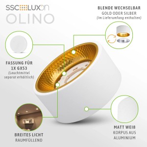 4er Set OLINO LED Aufbauspots, weiß matt, mit wechselbaren Blenden in Gold und Silber. Spots für Deckenmontage.