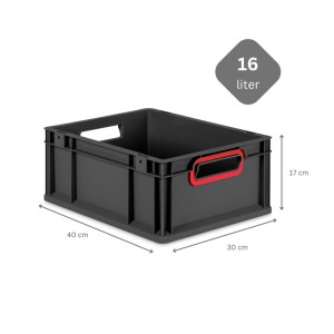 PROREGAL Eurobox Nextgen, 16 Liter, schwarz mit roten Griffen und Auflagedeckel. Aufbewahrungsbox.