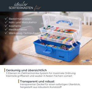 HMF STK901-05 Nähkasten Mit 3 Ebenen Sortierbox Blau 365x205x160 mm Für Nähzubehör Und Handarbeitsmaterial