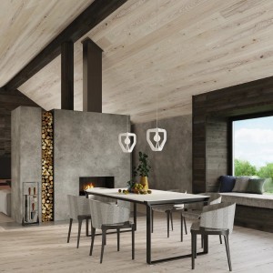 Weiße Sollux Lighting Hängeleuchte Tres über Esstisch in modernem Esszimmer.