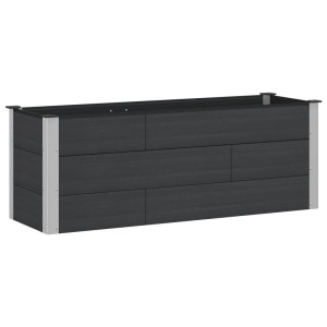 Schwarzes, rechteckiges Hochbeet aus WPC mit silbernen Aluminiumpfosten. Ideal für Garten und Terrasse.