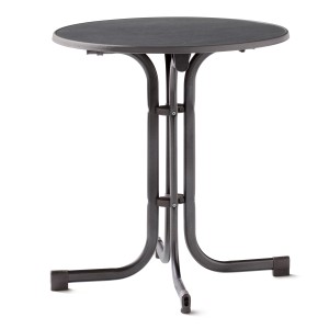 Grauer, runder Sieger Klapptisch (Ø 70 cm) für den Garten oder Balkon.
