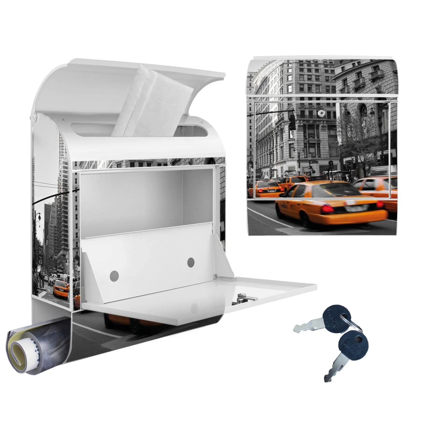 Banjado Design Briefkasten Weiß Pulverbeschichtet 39x47x14cm 2 Schlüssel Mit Zeitungsfach Motiv New York Taxi_5