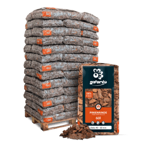 Palette Galamio Pinien Rindenmulch Deko, 39 Säcke à 60l. Grobe, rotbraune Rinde (40-60mm) für dekorativen Bodenschutz.