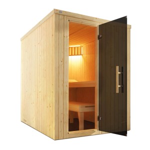 Weka Elementsauna Kaarina Sparset mit Glastür und Bio-Ofen, Innenansicht mit Liege.