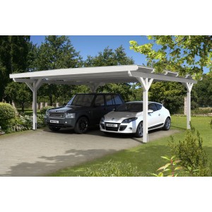Weißer Skan Holz Carport Odenwald für zwei Autos mit geraden Kopfbändern.