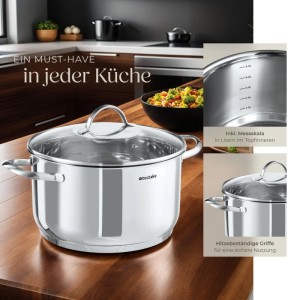 Tectake Kochtopf mit Glasdeckel, Teil des 7-teiligen Edelstahl Kochtopfsets für Induktion.