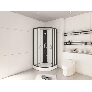 Vente-unique Viertelkreis-Duschkabine Rovata 80 cm in Schwarz-Weiß mit Schiebetüren im modernen Bad.