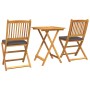 Braunes 3-teiliges Garten Bistro Set aus Akazienholz mit Klapptisch und Stühlen.