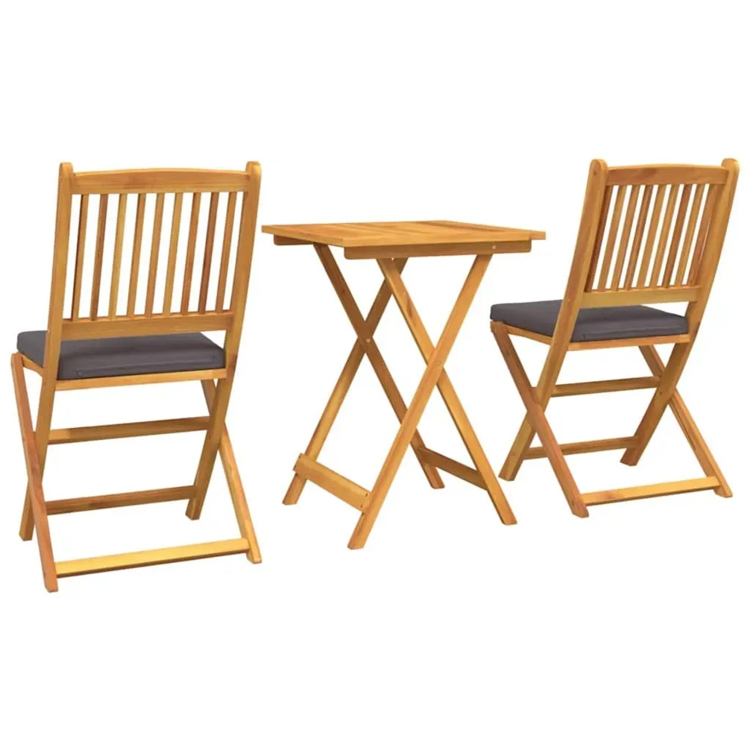 Braunes 3-teiliges Garten Bistro Set aus Akazienholz mit Klapptisch und Stühlen.