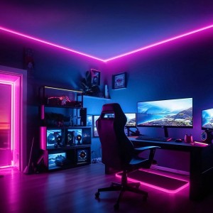 Gaming-Zimmer mit Brilo LED-Strip: RGBIC Farbmodi an Decke und Türrahmen, dynamische Beleuchtung.