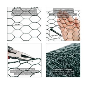 Grüner Maschendrahtzaun, Sechseckgeflecht, flexibel, für Zaunbau & Sichtschutz, 1x5m, 13mm Maschenweite.