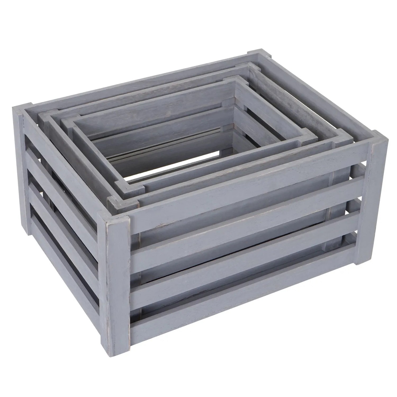 3er Set MCW Holzkisten C56 im Shabby Look, grau, ineinander gestapelt. Ideal zur Aufbewahrung.