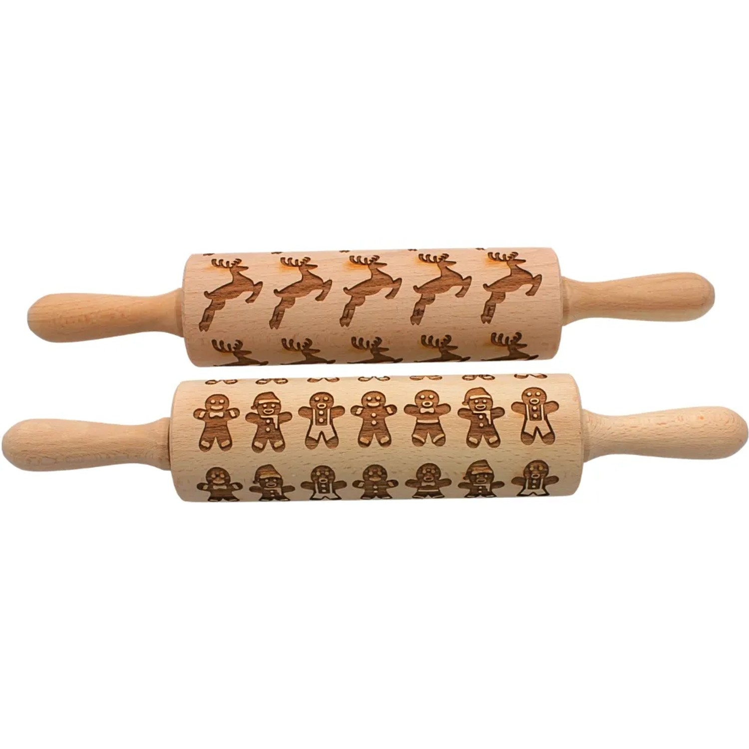 Dekohelden24 2er Set Holz Teigroller Spekulatiuswalze Plätzchenrolle Teigroller für Kekse Nudelhölzer Groß 2 Motiven Made in EU L/B/H 37 x 6 x 6 cm