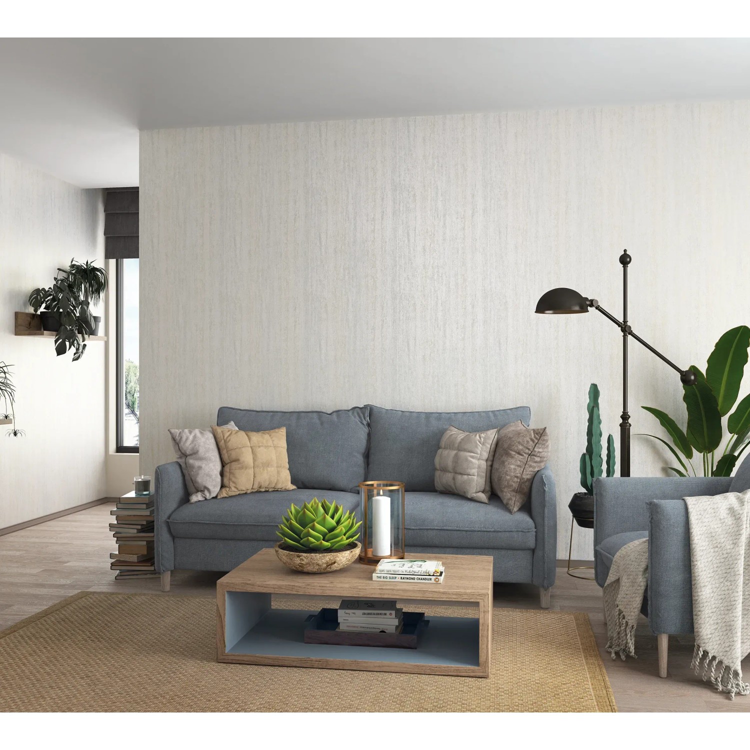Wohnzimmer mit Marburg Vliestapete Hailey in Grau-Beige mit Holzoptik.
