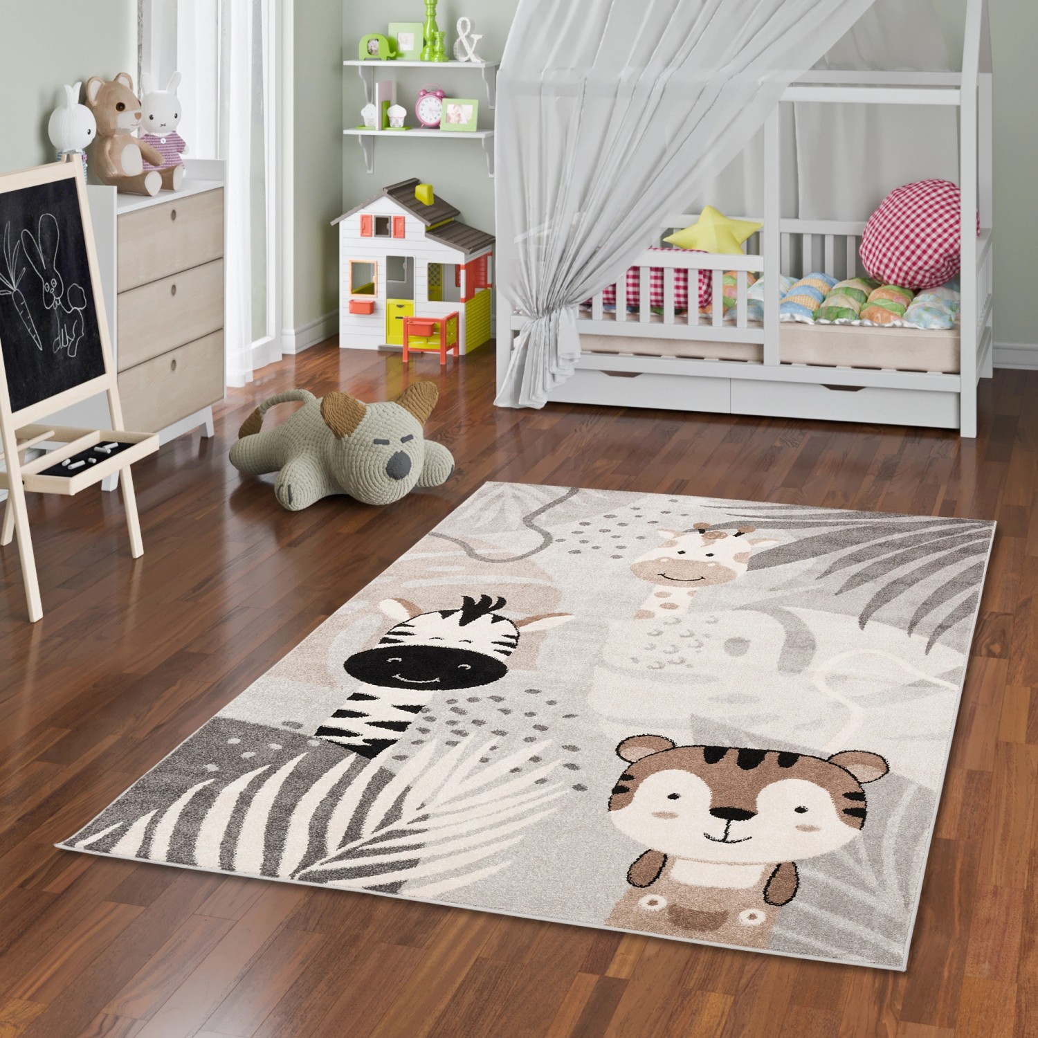 Grauer Kinderteppich Softstar Kids Safari Friends 120x170cm mit Zebra, Tiger und Giraffe.