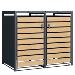 KARAT Mülltonnenbox Johan mit Edelstahlrahmen und Holzdekor, 2 Türen, für Ordnung im Garten.