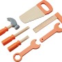 OBI Kinderwerkbank Holz-Werkzeugset: Säge, Hammer, Schraubendreher, Maulschlüssel, Winkelmaß in Natur/Orange.