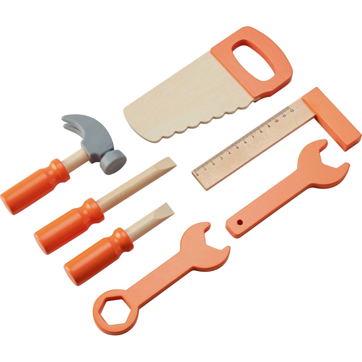 OBI Kinderwerkbank Holz-Werkzeugset: Säge, Hammer, Schraubendreher, Maulschlüssel, Winkelmaß in Natur/Orange.