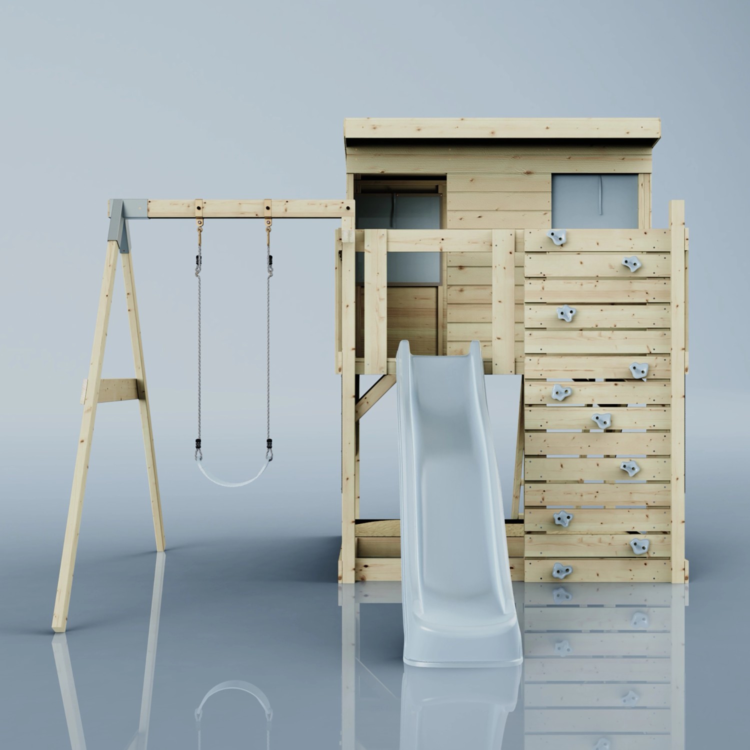 PolarPlay Spielturm Tjorven mit Schaukel, Rutsche und Kletterwand aus Holz.