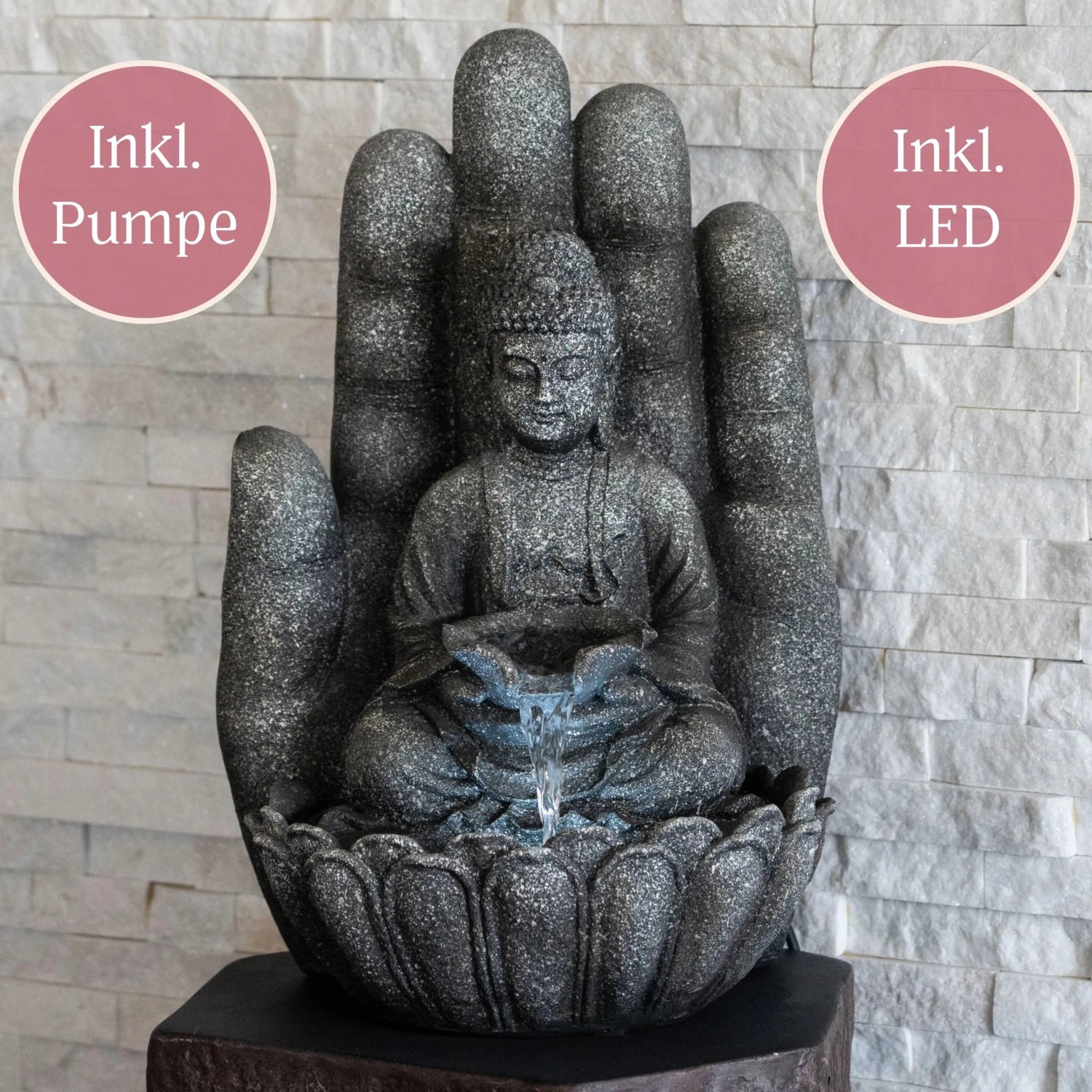 Intergarden Wasserspiel Zimmerbrunnen Mittelgroß Buddha 55cm mit Beleuchtung Schwarz_2