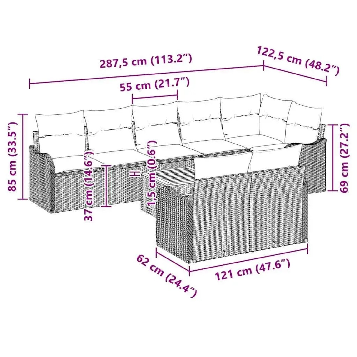vidaXL Gartenmöbel Set, 9-teilig, grau, Poly Rattan, mit Maßangaben für Sofa und Tisch.