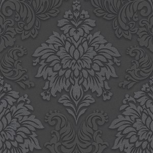 Barock Tapete in Anthrazit mit Glitzer Effekt und Ornament Muster.