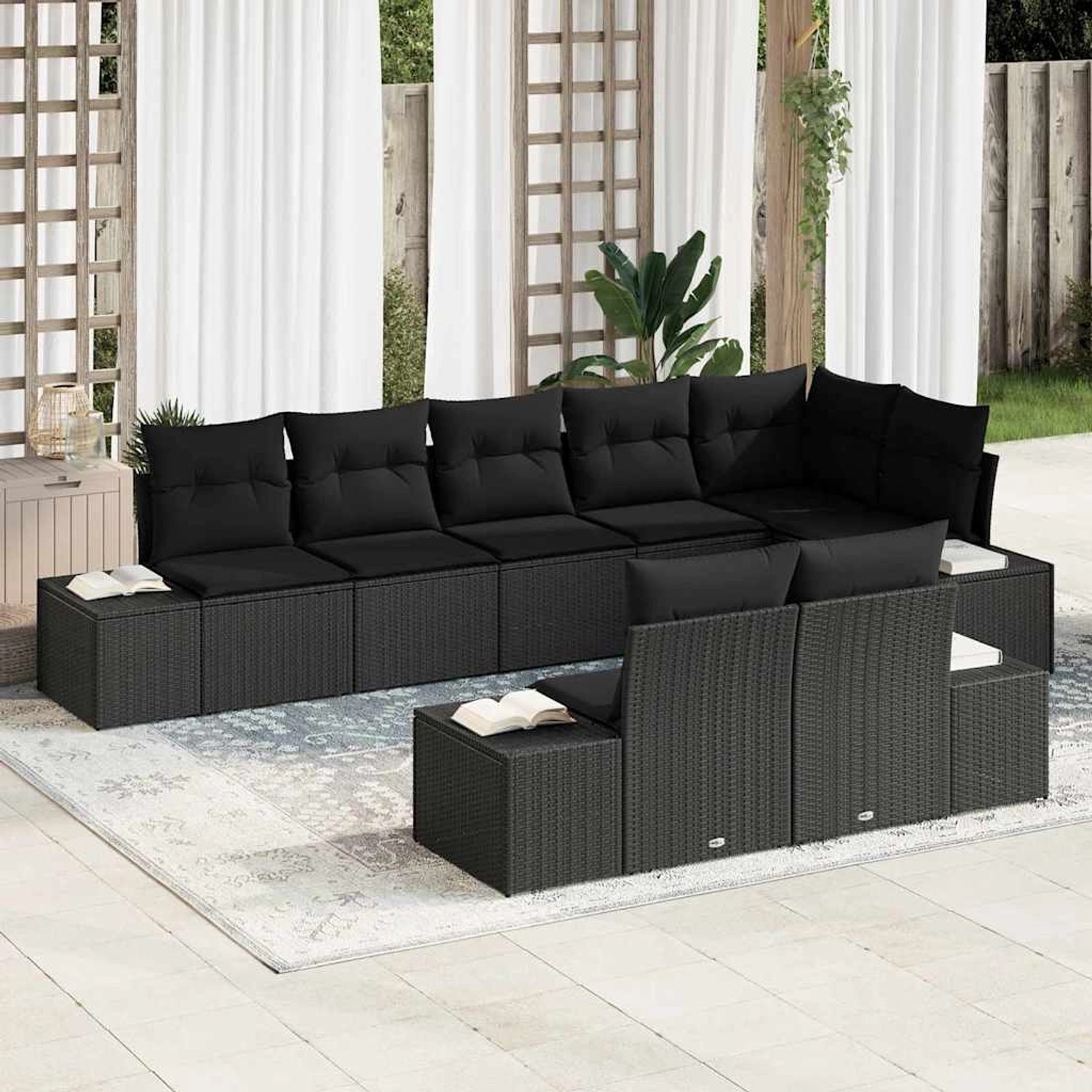 Schwarzes 8-teiliges Garten-Sofa-Set aus Poly Rattan mit Kissen von vidaXL.