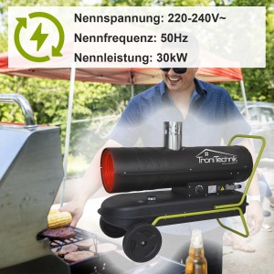 TroniTechnik Diesel Heizkanone 30kW mit Rädern und Tragegriff im Einsatz.