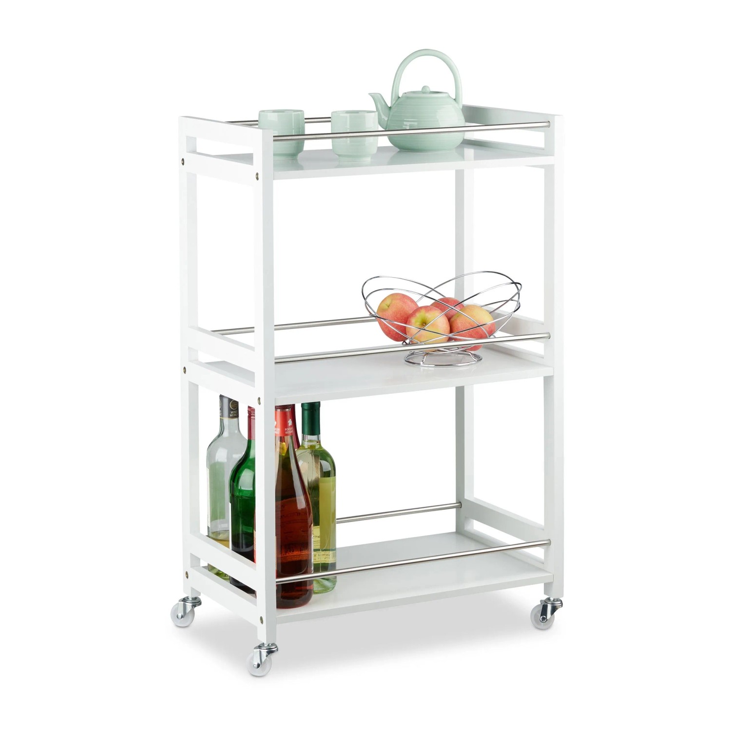 Relaxdays Servierwagen mit 3 Ablagen Bambus MDF Weiß Mobil 80,5 cm x 51 cm x 30 cm 7 kg