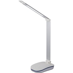 Silber-weiße LED-Tischleuchte Margaery von Globo, ideal als Schreibtischlampe mit USB-Ladefunktion.