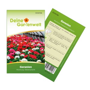 Samentüte Deine Gartenwelt Hängegeranien Mischung mit blühenden Geranien in rot, rosa und weiß.