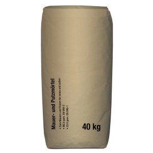 Sack Putz- und Mauermörtel, 40 kg, für Innen- und Außenbereich.