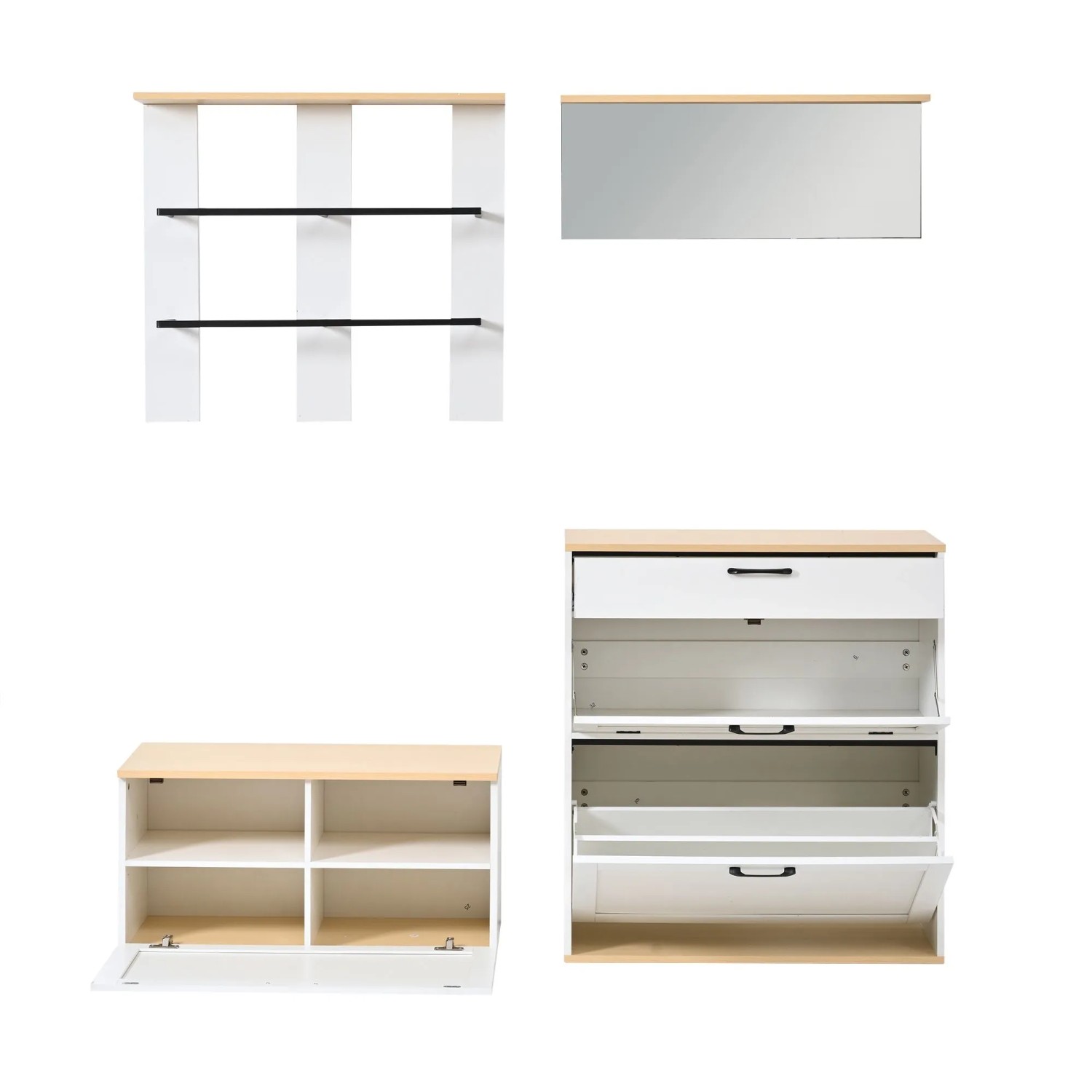 Merax Garderoben Set mit Spiegel Schuhschrank Schuhbank Weiß Holzoptik