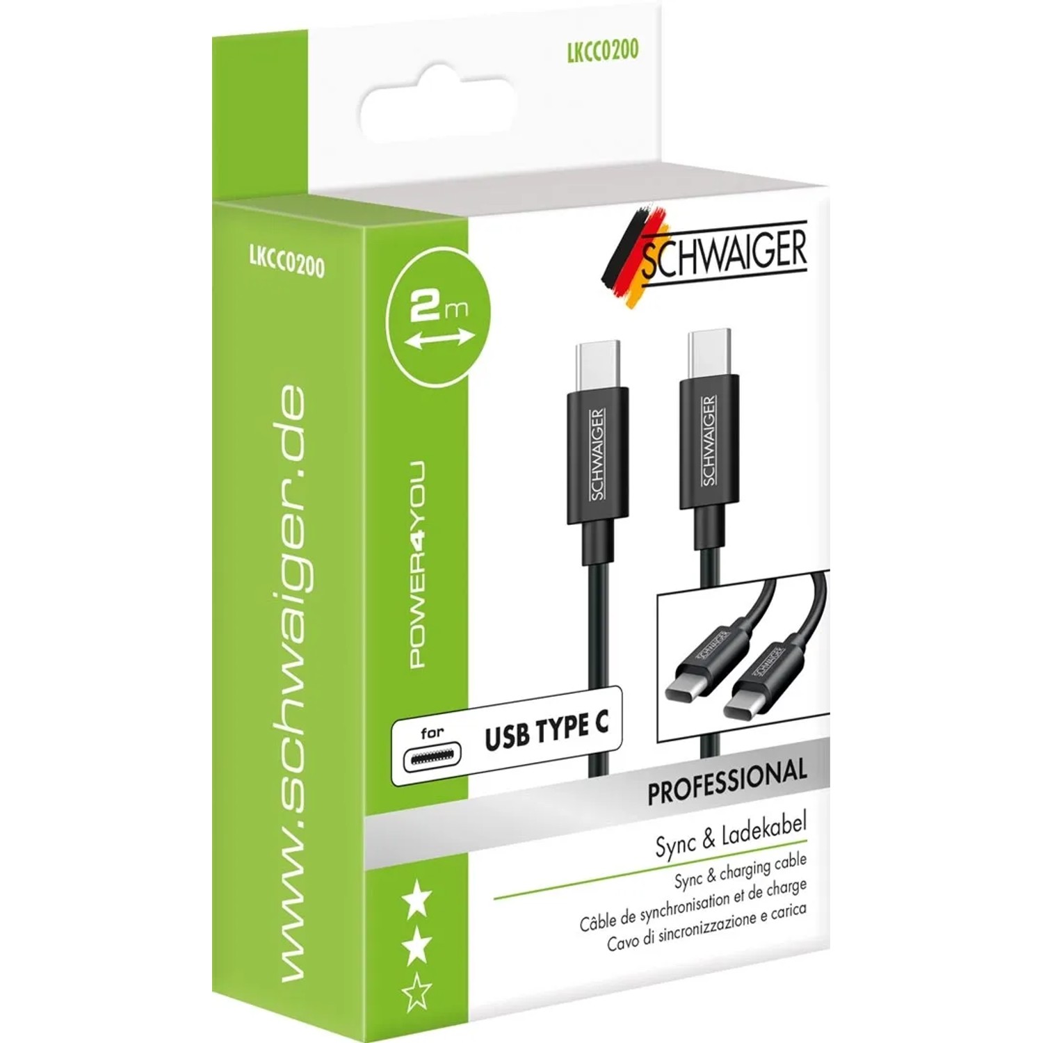 Schwaiger USB-C Kabel, 2m, schwarz, zum Laden und Synchronisieren von Geräten.