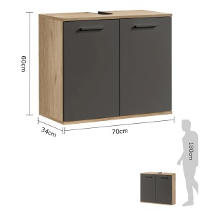 mokebo Waschbeckenunterschrank 'Der Waschbär' in Eiche-Schwarz, 60x70x34 cm. Badregal mit zwei Türen.