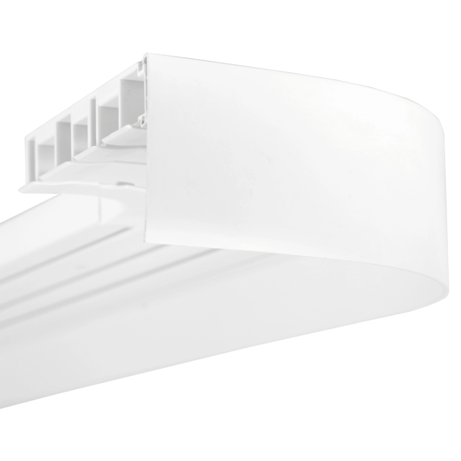 Weiße Bestlivings Vorhangschiene (90 cm) mit Blende für Gardinen und Vorhänge.