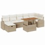 Beiges 8-teiliges Garten-Sofa-Set aus Poly Rattan mit höhenverstellbarem Tisch.