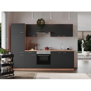 Respekta Küchenzeile KB270BGE, 270 cm, Grau/Buche Nachbildung mit E-Geräten.