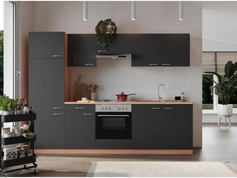 Respekta Küchenzeile KB270BGE 270 cm Grau-Buche – Grau / Buche Nachbildung