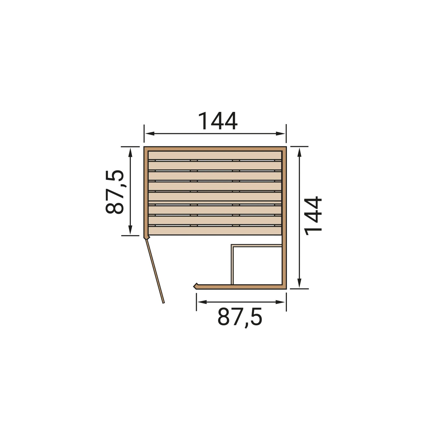 Grundriss Weka Massivholz-Elementsauna Laukkala 1 mit Maßen und Saunaleuchtenset.