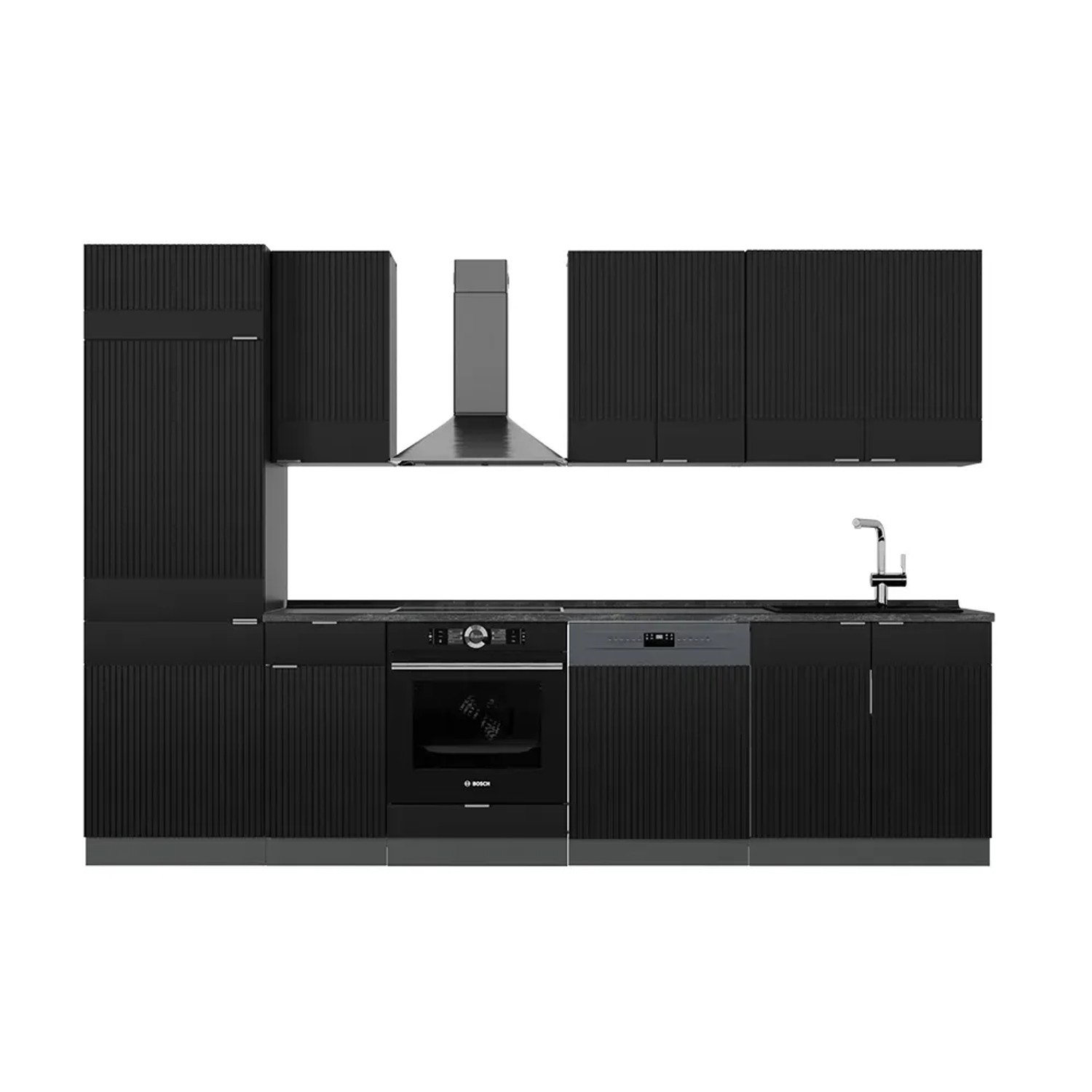 Vicco Fame-Line Küchenzeile Schwarz gestreift/Anthrazit 300 cm AP Anthrazit ohne E-Geräte