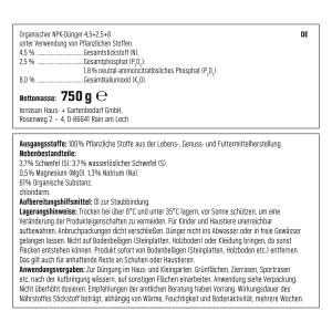 Informationen zum veganen Bio-Garten- und Hochbeetdünger von GROW by OBI, 750g.