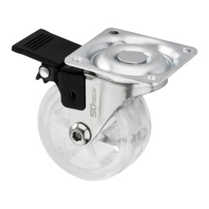 SOTECH Lenkrolle RAPID, transparentes Ø50 mm Rad, verzinktes Gehäuse, schwarze Bremse. Belastbar bis 35 kg.